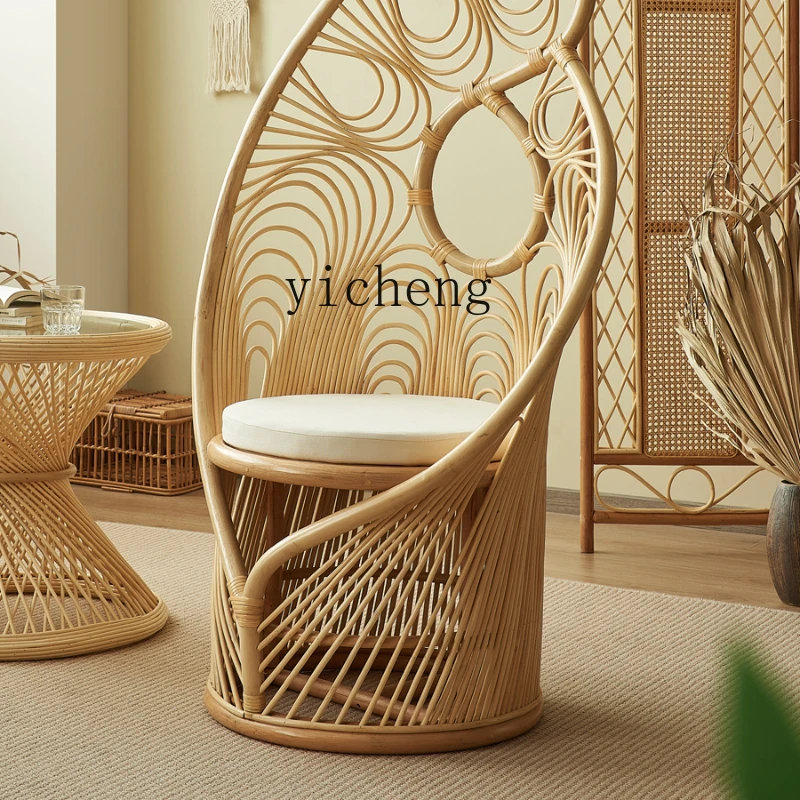 XL Retro Natural Indonesian Real Rattan Chair Handmade Backrest Rattan Chair Balcony Leisure