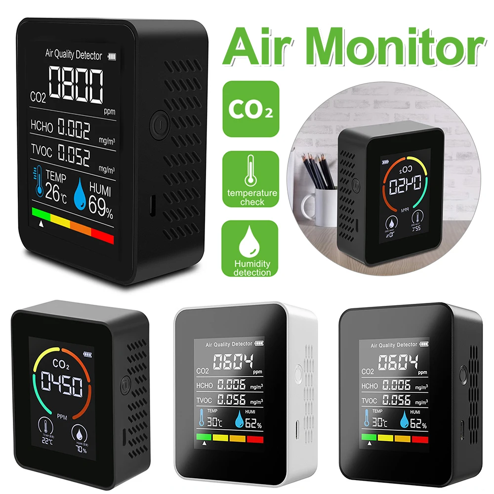 متعددة الوظائف 5 in1 CO2 متر الرقمية ثاني أكسيد الكربون USB الهواء HCHO كاشف الغاز محلل درجة الحرارة الرطوبة مراقبة الجودة