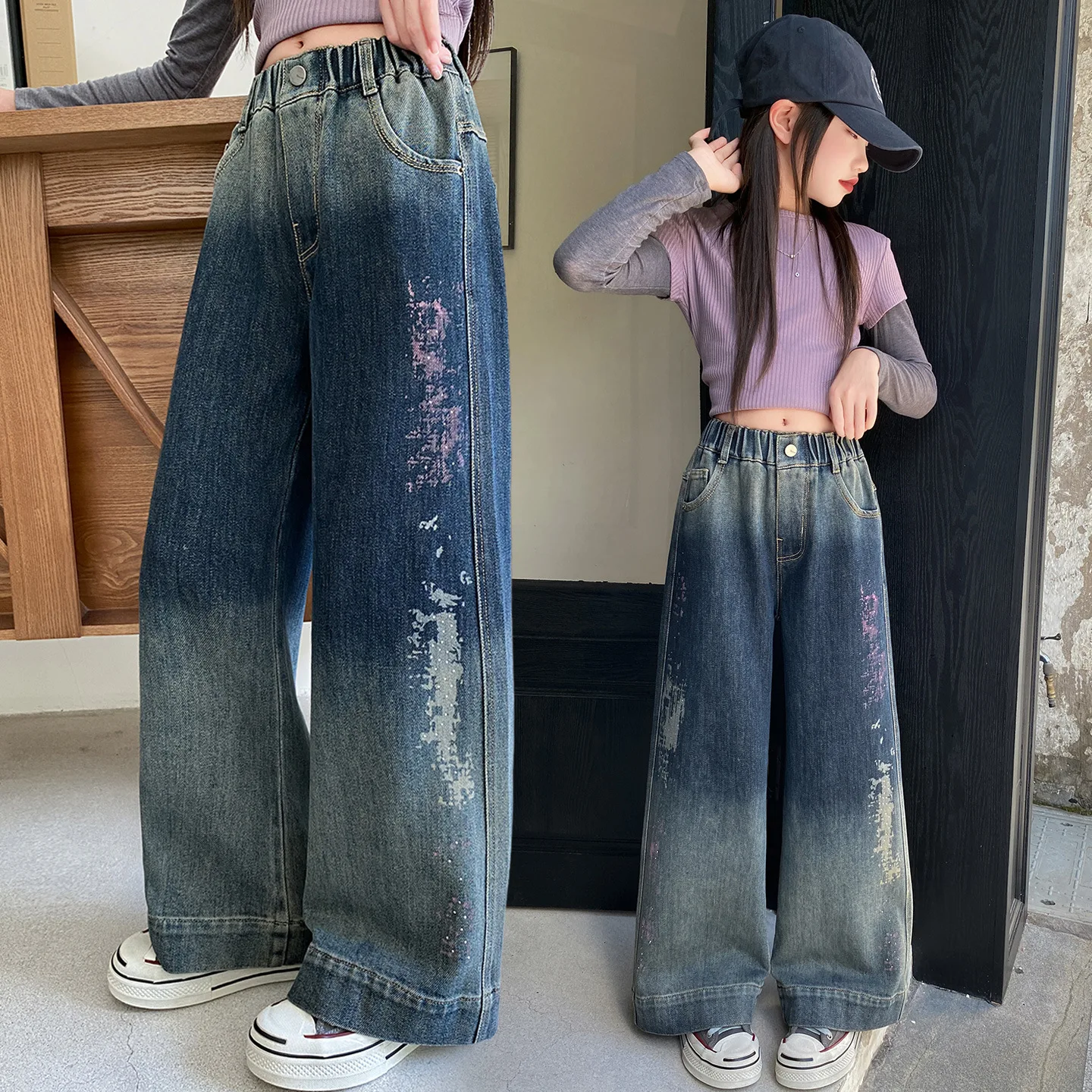 أزياء الأطفال جينز مستقيم الساق مع التعادل صبغ للأطفال السراويل الزرقاء Sweatpants الفتيات العصرية شارع العليا الدنيم السراويل