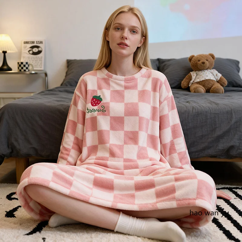 Large Size Thick Warm Women's Autumn and Winter Coral Fleece Sweet Home Clothes Flannel Medium Long Plaid Student Nightwear