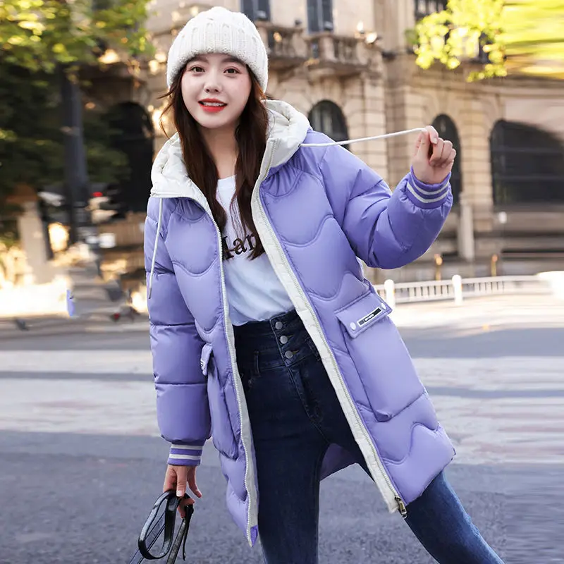 

Down Parkas Women Winter Hooded Jacket Women 2023 Korean Thicken Loose Long Color Contrast Cotton Tops Women's Coat