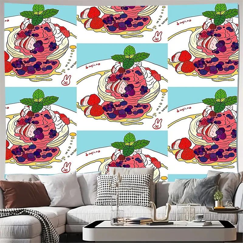 Tapiz de postre de fresa para colgar en la pared, decoración estética para habitación, Anime japonés Cottagecore, decoración para dormitorio, golosinas dulces, arte de comida Bac