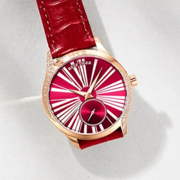 Reef Tiger Women Automatic Watches Luxury 38mm Mechanical Wristwatch Diamond Sapphire Mirror Leather Strap RGA1561