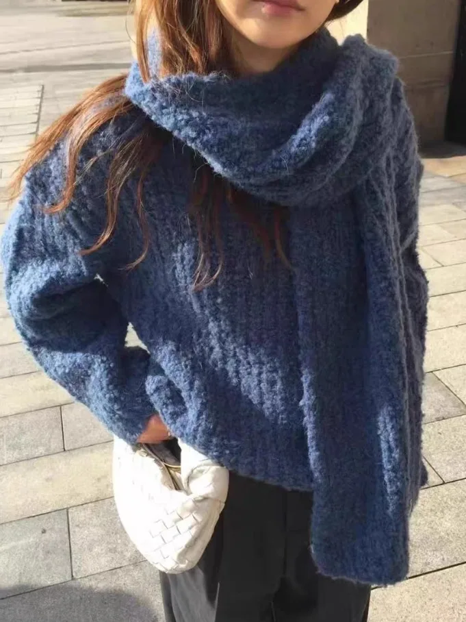 Autunno Inverno Morbido e accogliente V-Ne Maglione lavorato a maglia allentato Capispalla Design Sense Set in due pezzi Sciarpa inclusa Top confortevole