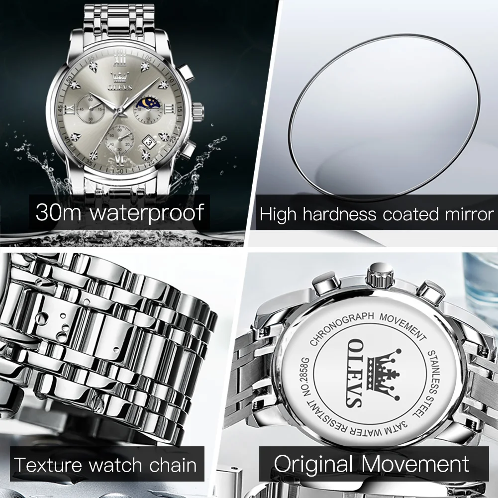 OLEVS 2858 Quartz Watch for Men Classic Three Eye Chronograph Small Dial 24 Hour Moon Phase Luxury Original Men's Watches Gifts