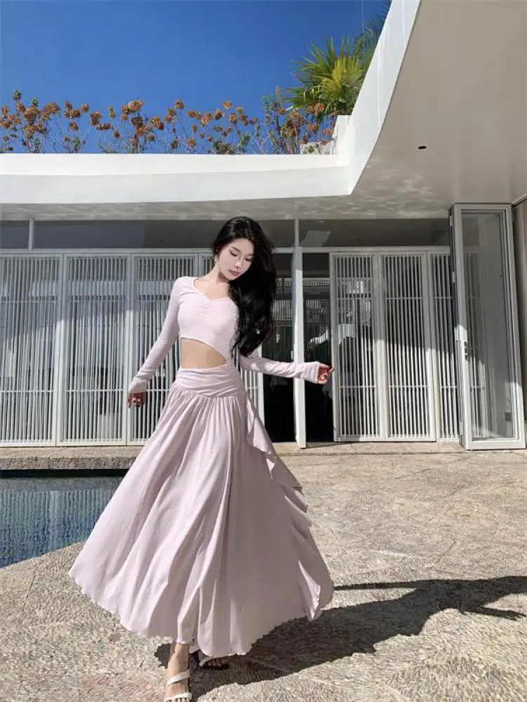 

Summer Blue V Neck Sexy Long Sleeved Party Long Dress Women French Retro Purple Elegant High Waist Hollow Out Pleated Dress Chic
