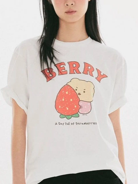 Cute Korean Cartoon Bear Graphic T-shirt Women Soft Cotton Tee Kawaii Positive Slogan Print Casual Loose Streetwear Summer Tops