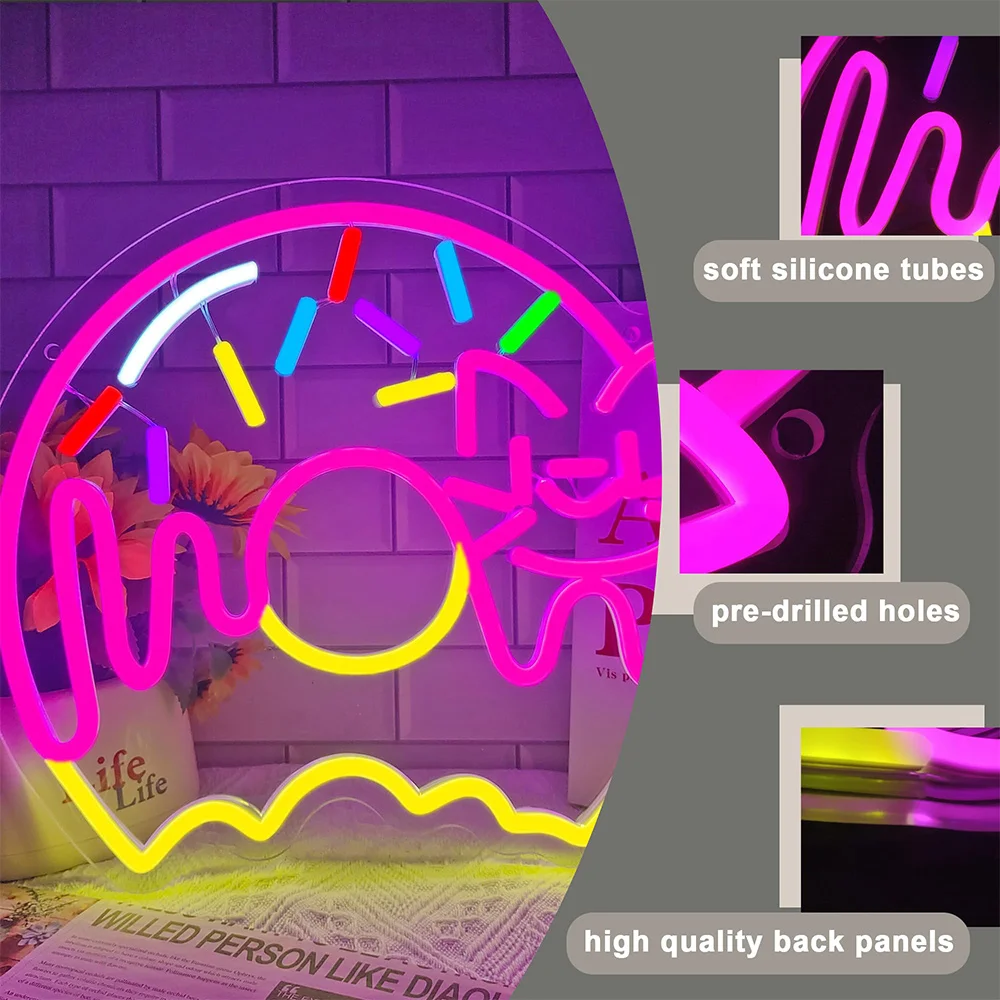 Donut Neon Sign Cute Donut Neon Sign for Wall Decor USB Powered Dimmable Food Animal Sign for Bed Room Living Room Restaurant