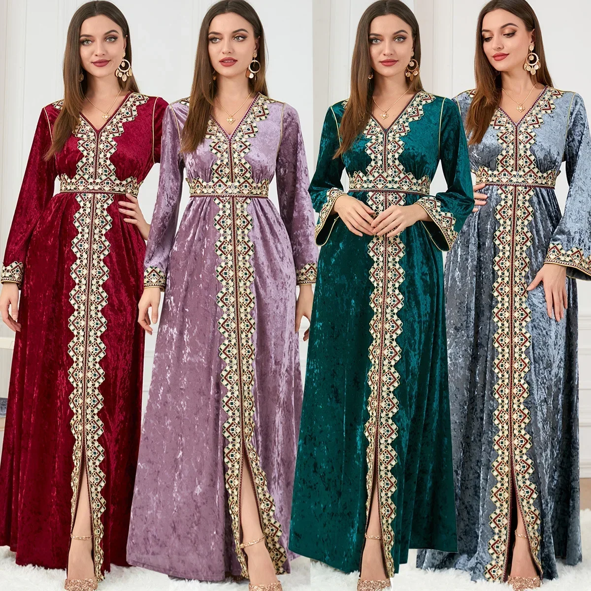 Muslim Abayas for Women Light Luxury Dubai Indian Dress Muslim Corduroy Dress Embroidered Dress Fashion Slit Long Sleeves Dress