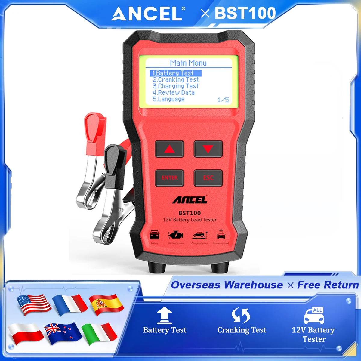 

ANCEL BST100 12 В тестер батареи анализатор автомобильного аккумулятора проверка цепи зарядки 2000CCA BCI CCA многоязычный аккумуляторный инструмент