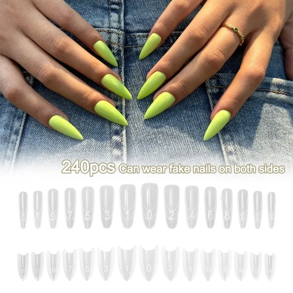 

240pcs Coffin Shape Sandwich Nail Forms Almond Shape No-Trace Nail Tips Ultra-Thin with Auxiliary Line Double-Sided Fake Nails