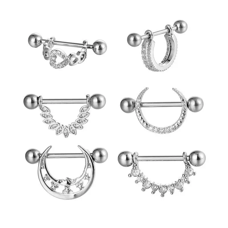 قطعتان من حلقات الحلمات التيتانيوم الجراحية - أثقال مستقيمة وشكل على شكل حرف U مستدير مع الزركون |   مجوهرات ثقب الثدي النسائية المثيرة