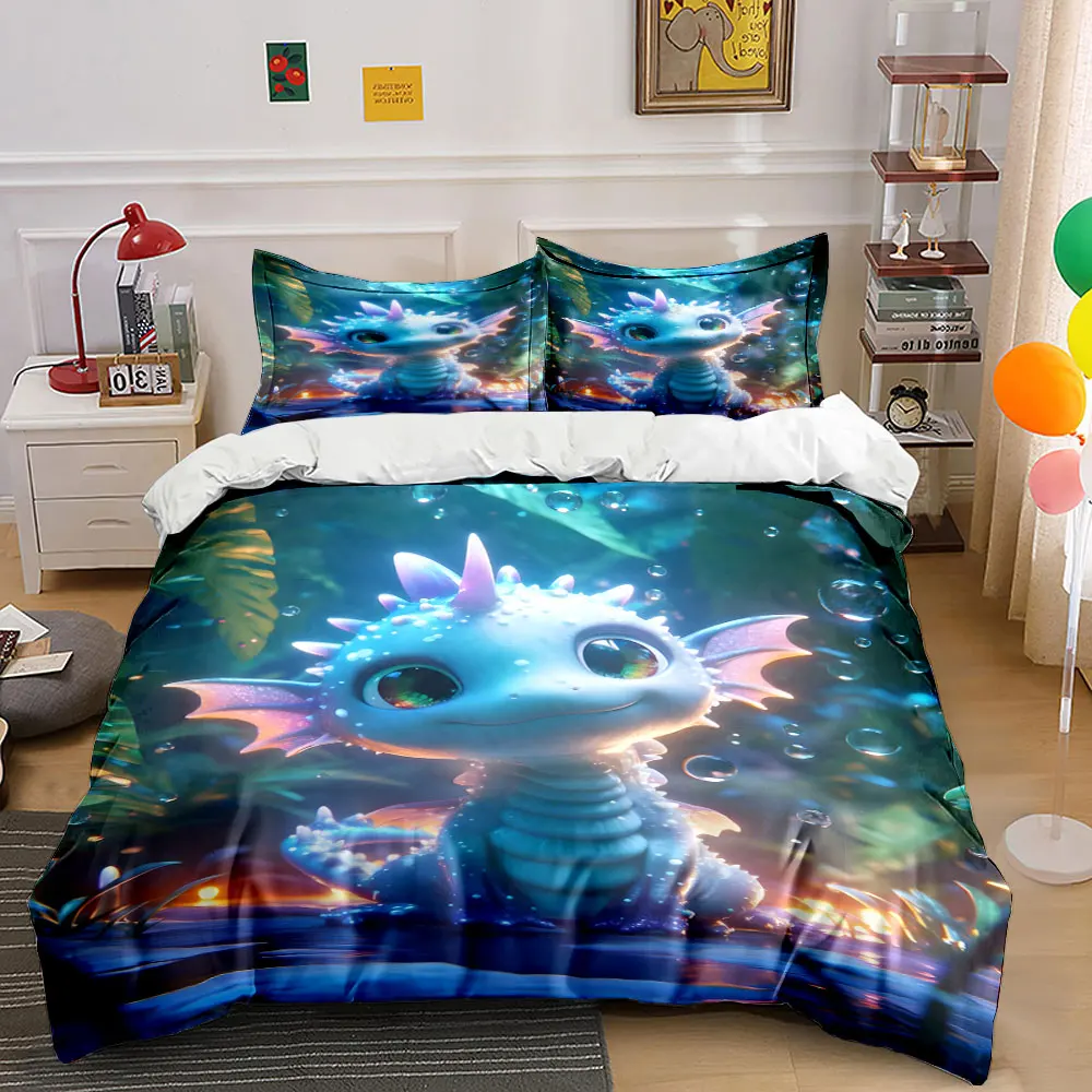 Adorable baby dragon in magical setting Print Bedding Set 1 Duvet Cover 2 Pillowcases for Adult and Children Luxury Gift