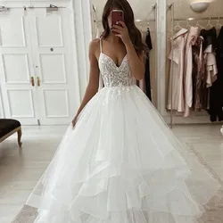 ZJ9262 Abito da sposa personalizzato con cinturino per spaghetti Abito da sposa moderno con applicazioni in pizzo a trapezio Abiti da sposa lunghi eleganti in tulle