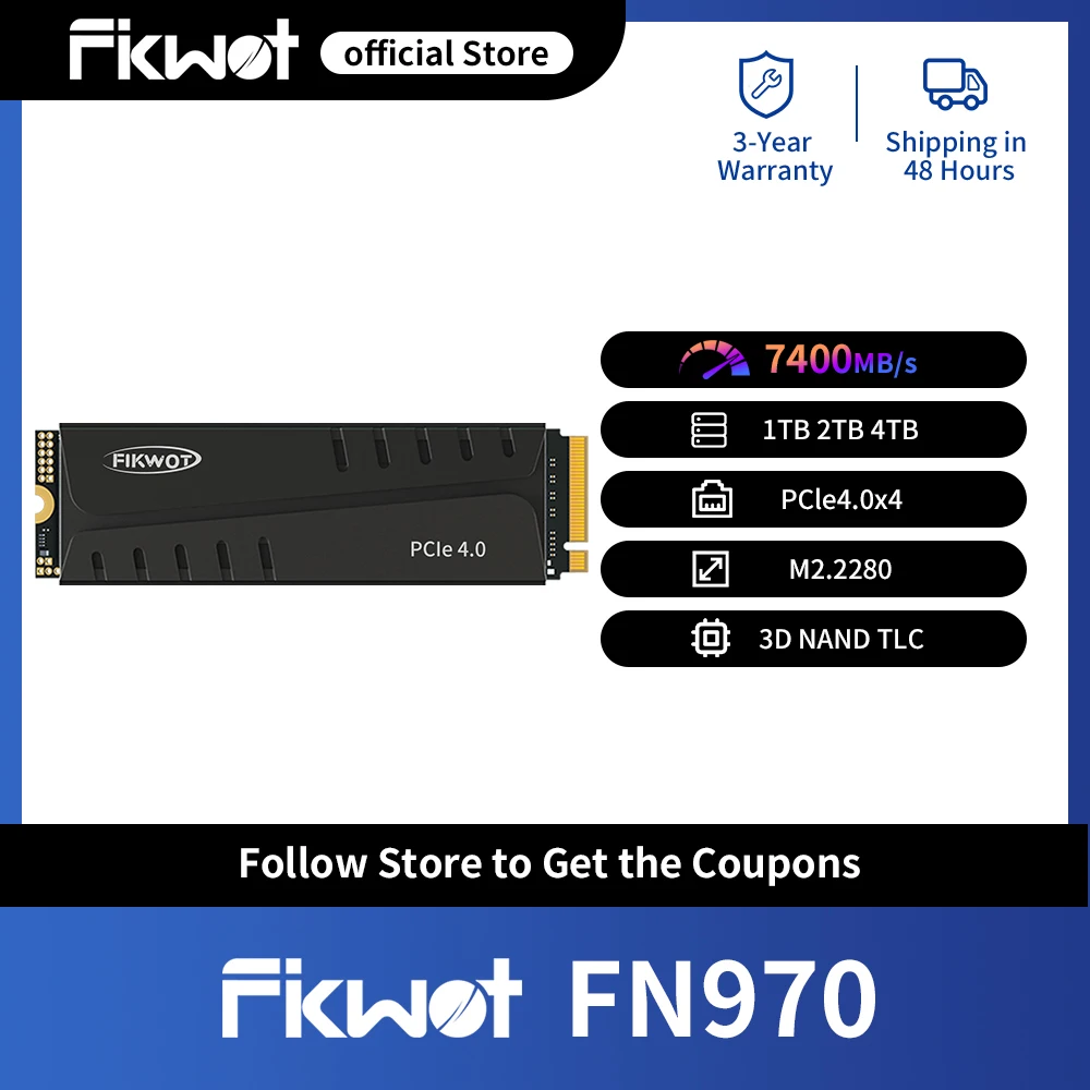 

Fikwot FN970 M.2 SSD with Dram Cache Heatsink 512GB 1TB 2TB 4TB 7400MB/s PCIe4.0 NVMe Internal Solid State Drive for PS5 Desktop