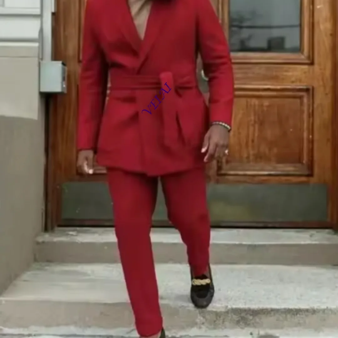 Red Double-Breasted Custom-Made Men's 2-Piece Suit with Belt Handsome Fashion Set for Prom Wedding Coat And Pants