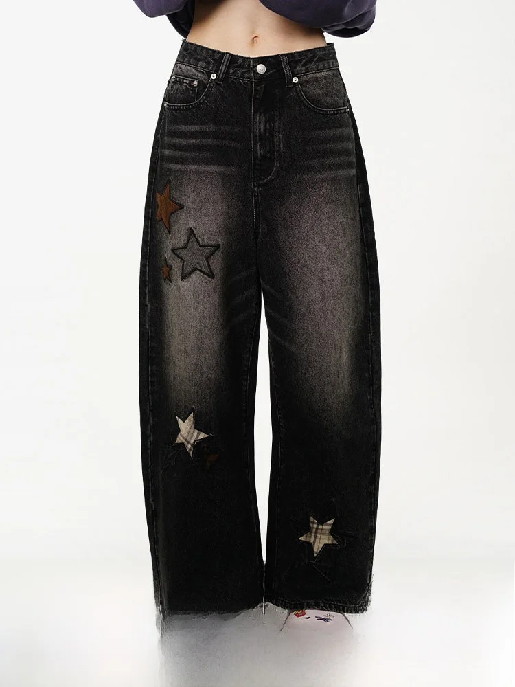 TIPSEVEN Original Design Office Lady Series Autumn Winter Star Embroidery Denim Jeans Vintage American Style Patchwork