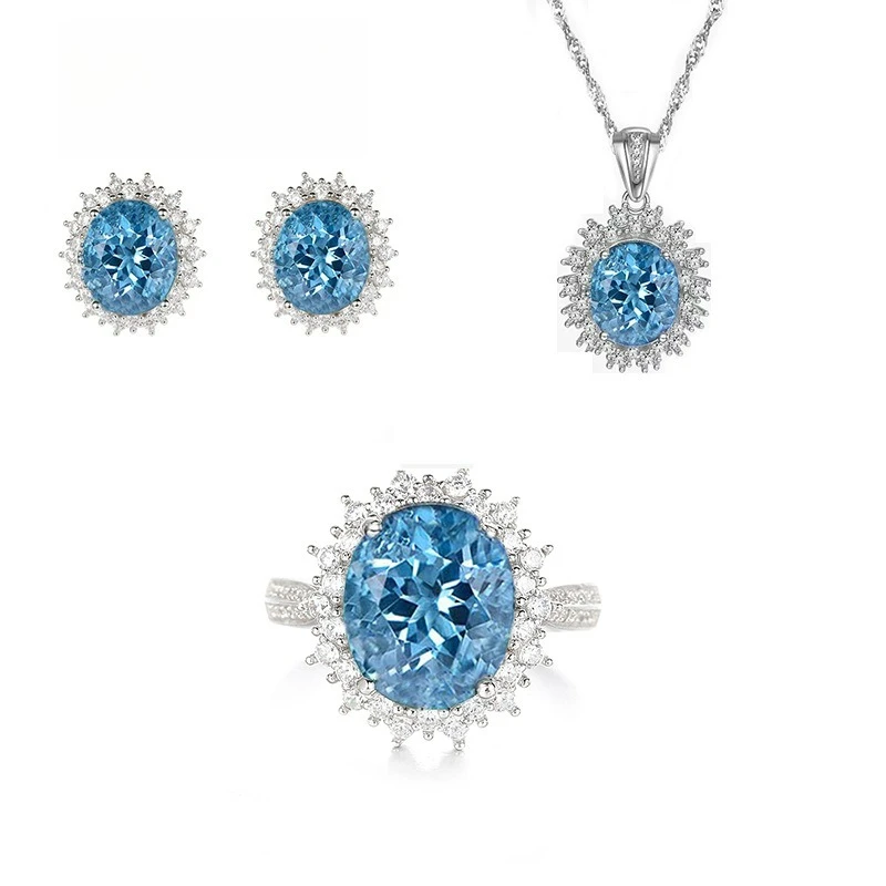 

PT950 Платиновый топаз Морской синий Женское ожерелье из трех частей Кольцо для ногтей Роскошный цветной набор сокровищ Новый персонализированный