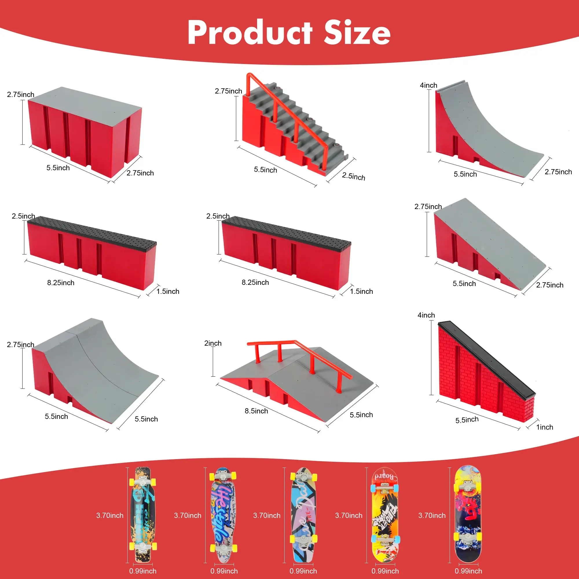 Finger Skateboard Park Kits (9 in 1), Finger Skateboard Rampen Set mit 5 Fingerboards, Finger Scooter, Finger Bike, Finger Skateshoe