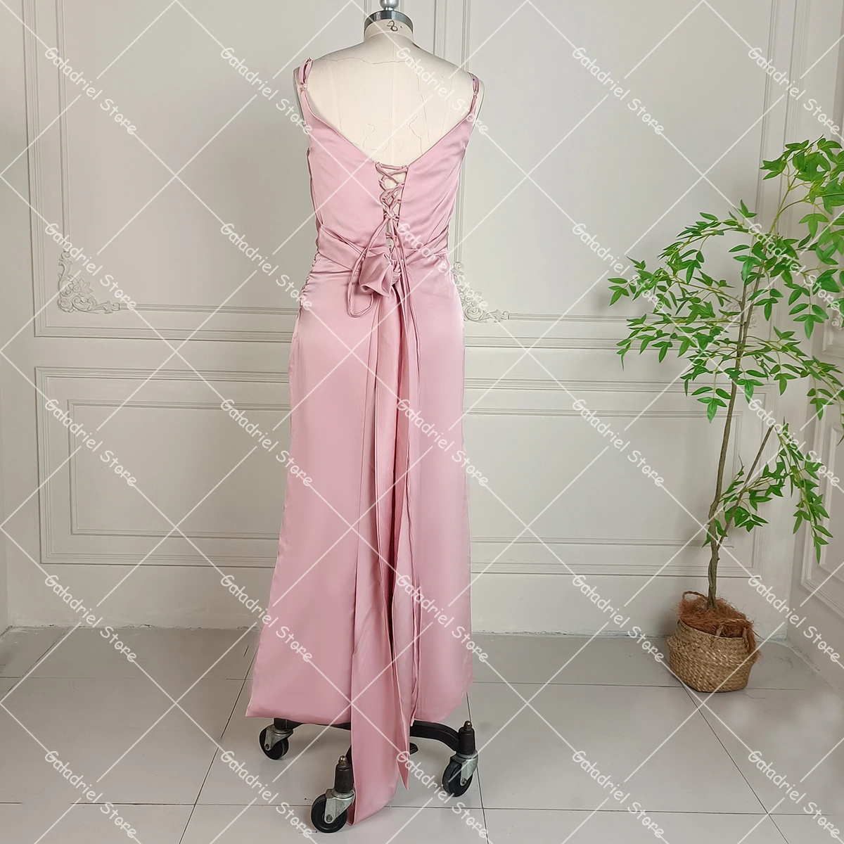 Customized Cowl Neck Sheath Ankle Length Evening Dress Glossy Satin Soft Laceup High Slit Chic Spaghetti Straps Bridesmaid Gowns