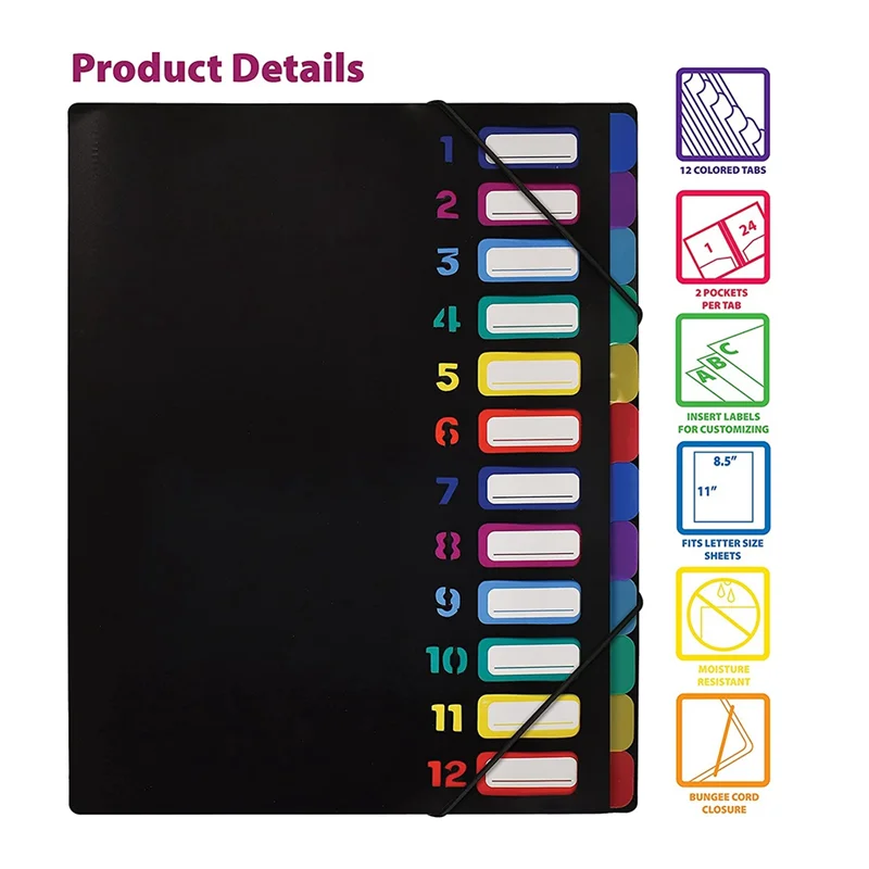 24 Clear Pocket Expanding File Folder 12 Colored Tabs,Holds 300 Sheets, File Organizer,Numbered Index on Cover 1PC