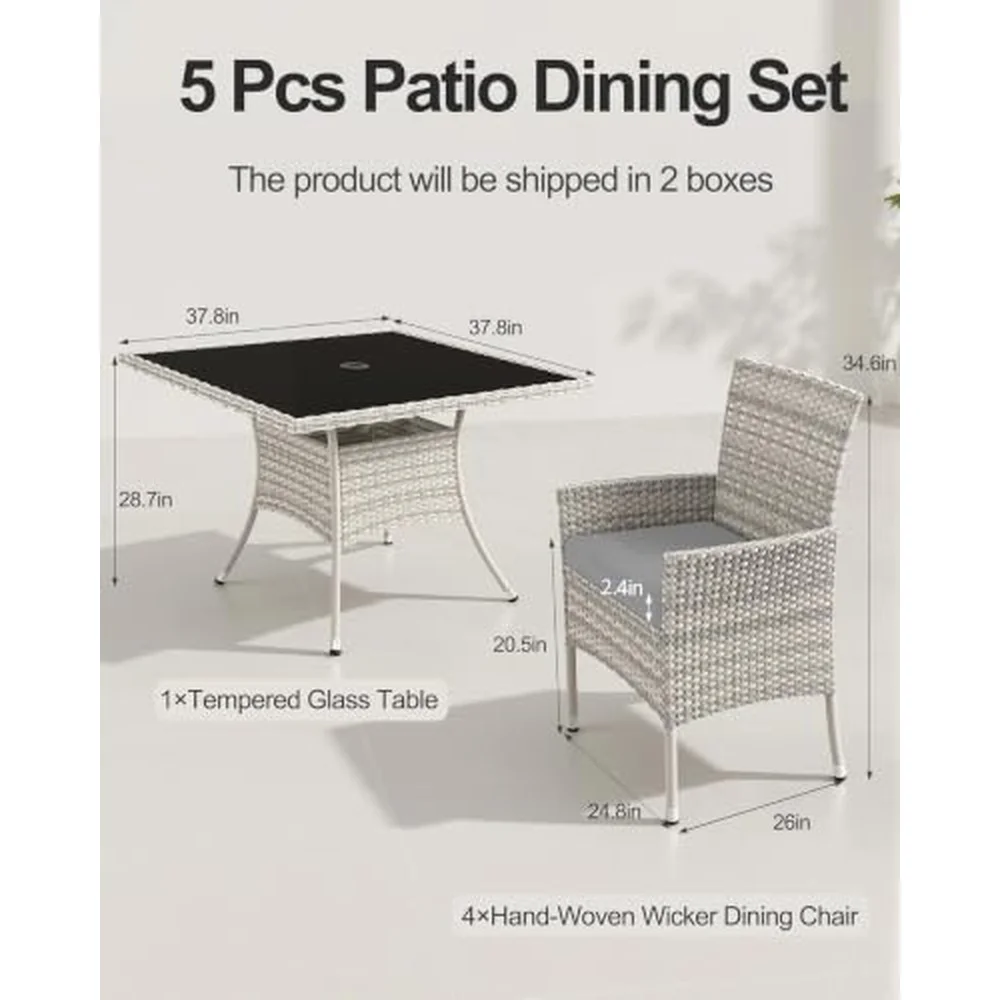5 Piece Patio Dining Set Patio Furniture Set Glass Table & 4 Wicker Chairs