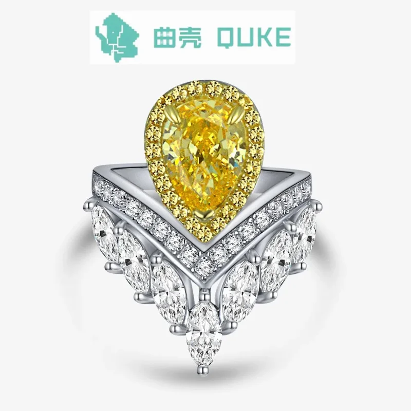 Free shipping luxury design crown shape 4CT water drop 7*10 high carbon diamond s925 silver ring female wedding dinner