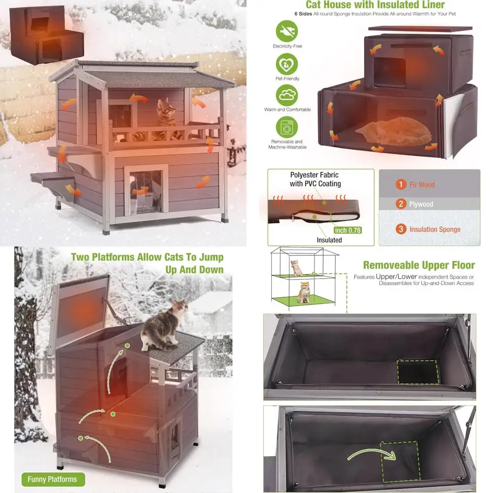

Всепогодный уличный приют для кошек на зиму, большой деревянный фермерский кошачий домик с балконом и подкладкой, подходит для использования на открытом воздухе и E