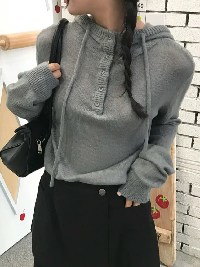 Coreano Sle Long Sve Malhas com capuz Feminino Outono Inverno Botão Faionable Ne Suéter All-Match Ele Crew Ne Sw...