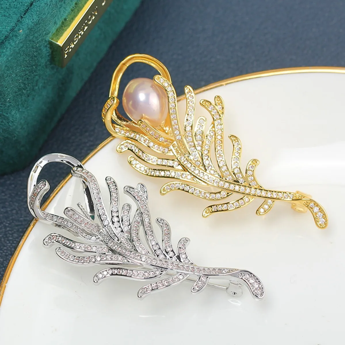 DIY Brooch Blank Brass Gold Plated Feather, Zircon Pin Base, Pearl Brooch Setting Elegant Corsage Accessory for Women