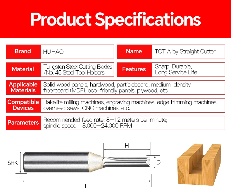 HUHAO 12,7mm 6,35mm Schaft TCT Gerade Fräser Holzbearbeitungswerkzeug Holz-Trimmfräser – Detail 2