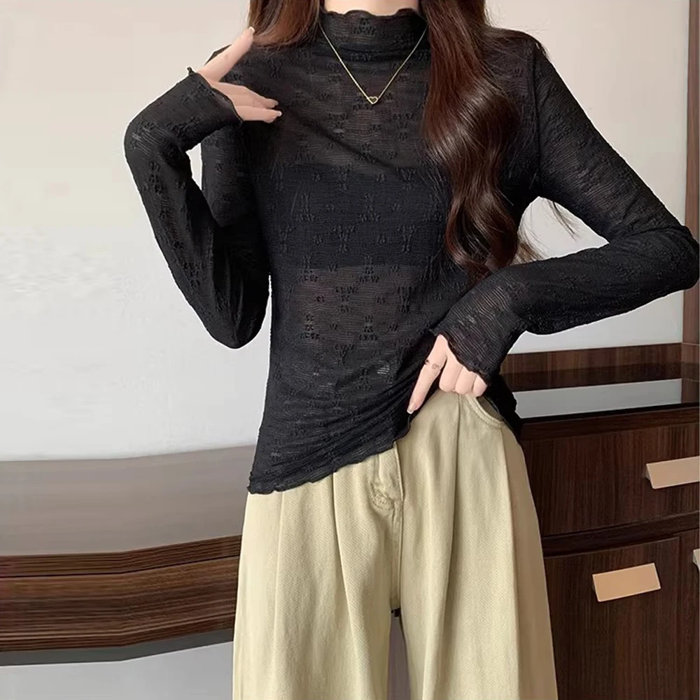 

Women's White Flower Embroidered Lace T Shirt See Through Transparent Mesh Tops Long Sleeve Sheer Girl Turtleneck Tees Slim Fit