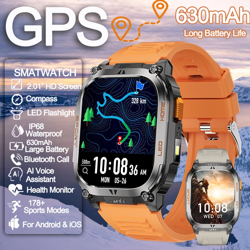 

2025 Новые GPS-трековые Смарт-часы для мужчин IP68 Водонепроницаемый 2,01-дюймовый HD-экран Компас 630 мАч Батарея Bluetooth Вызов Открытый Смарт-часы