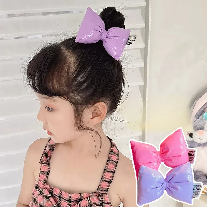 2023 New Girls Cute Bright Colorful Leather Bowknot Elastic Hair Bands Children Sweet Soft Rubber Bands Kids Hair Accessories