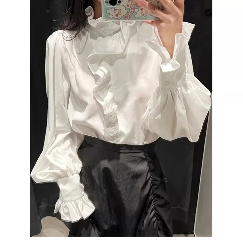

Women Long Sleeve Asymmetrical Stand Collar Shirt Retro Pleated Office Ladies French White Ruffle Blouse Soft Sweet Loose Tops