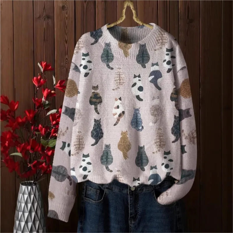 Cute Round Neck Pullover Knitted Sweater For Women With Cat Print Loose Autumn And Winter Sweater Spring 2025 New Versatile Item