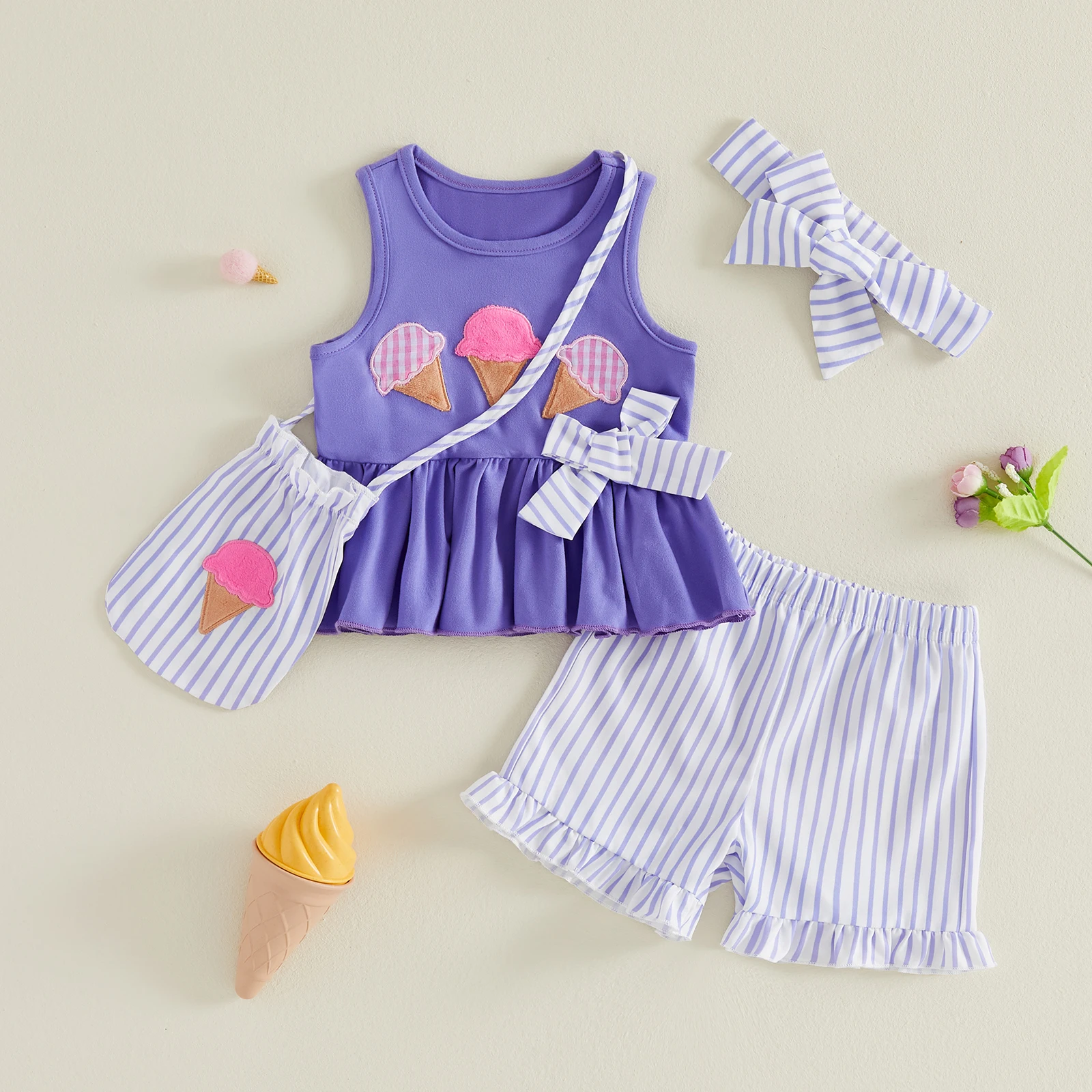 0-4Y Toddler Girls Summer Ice Cream Embroidery Bow Tank Tops and Stripe Shorts Bag Headband Costume 4 Piece Sets