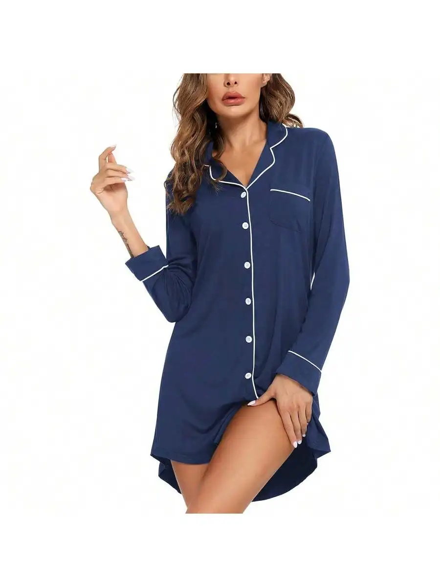

Womens Button Down Pajama Top Long Sleeve Sleep Shirt With Pocket And Piping