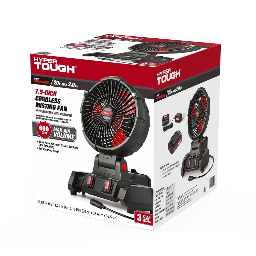 20V コードレスミストファンキット 2Ah バッテリー充電器付き 高さ調節可能 回転ヘッド 600 CFM 最大風量 屋外屋内使用