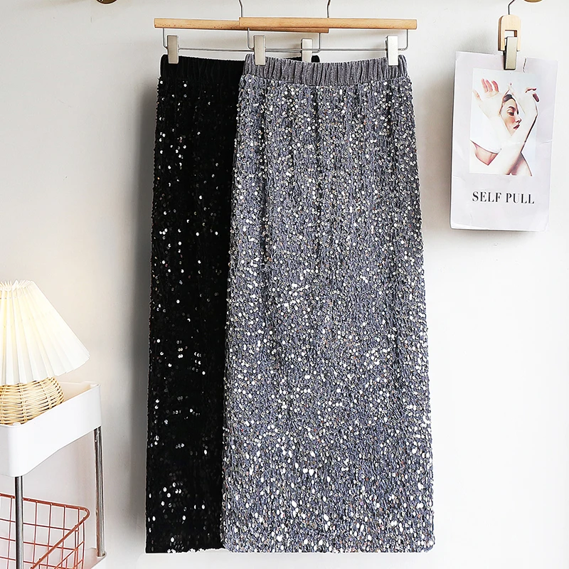 

Korean Chic Sequins Women Skirt Elastic Waist Straight Pencil Split Midi Skirts Stylish Elegant Sexy Ropa Mujer Women Clothes