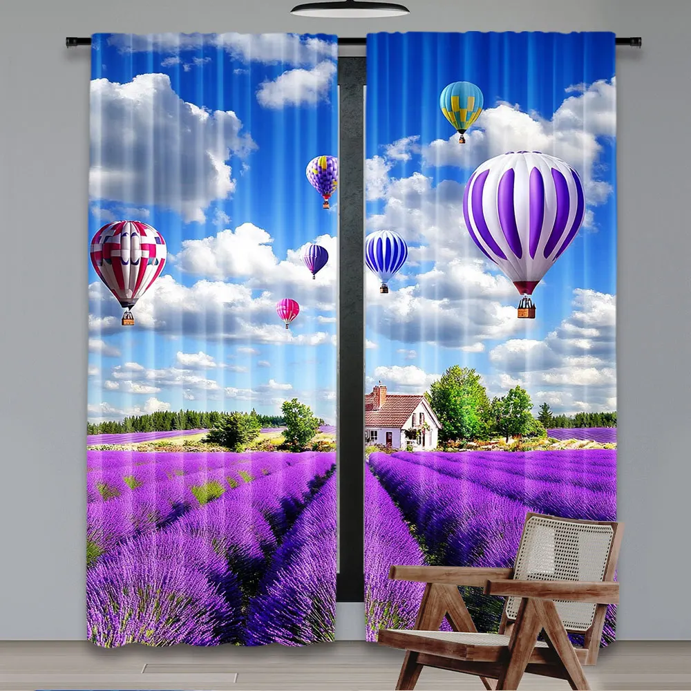 2Pcs Europe Scenic Curtains Colorful Hot Air Balloons Over Purple Lavender Fields Spring Modern Abstract Curtains A