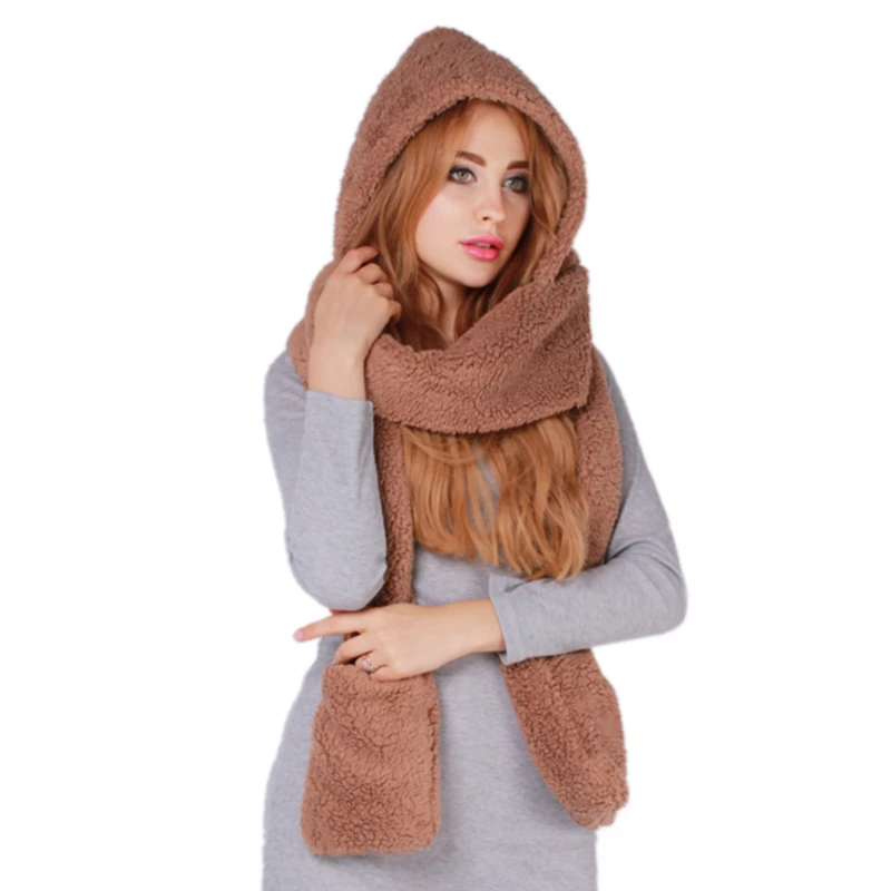 3 In 1 Women Winter Warm Scarf Snood Pocket Hats Gloves Fashion Hooded Srarves Scarf Hat Glove 3 Piece Sets