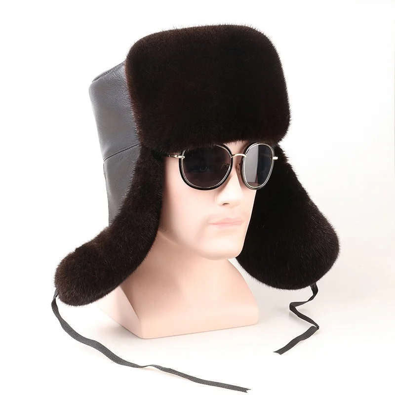 Mink Fur Hat Winter Men's Ear Protection Lei Feng Hat Outdoor Wind Snow Hat Natural Fur Warm Hat Real Leather Black Bomber Hats