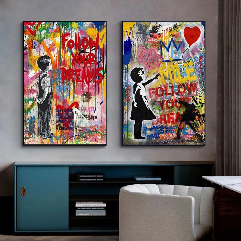 Balloon Girl Banksy Art Canvas Painting Mural Follow Your Dreams Pop Graffiti Poster Living Room Bedroom Bar Home Decoration
