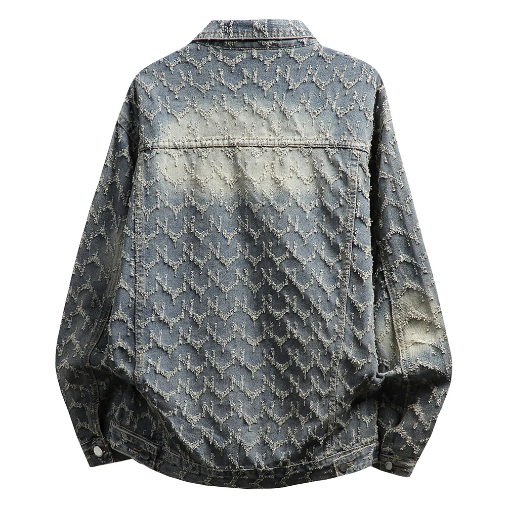 Chaqueta vaquera para hombre, abrigo vaquero de algodón tejido Jacquard holgado informal, ropa de abrigo con cuello de solapa rasgado azul Vintage
