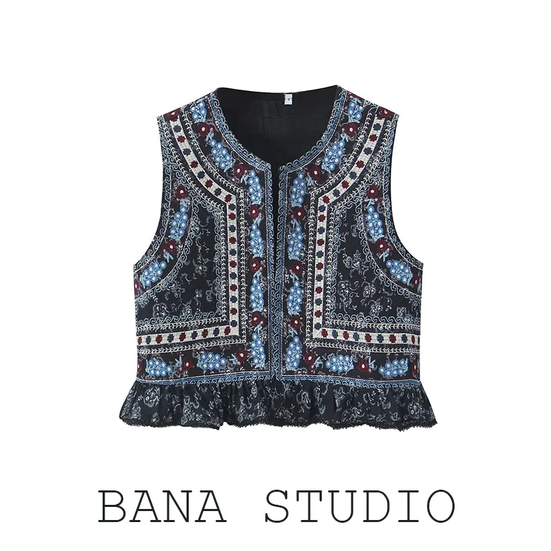 

BANA Holiday Sle ort Svel Embroidered Cotton Blend Vest Women's Faion Commute round Ne Single Button Closure