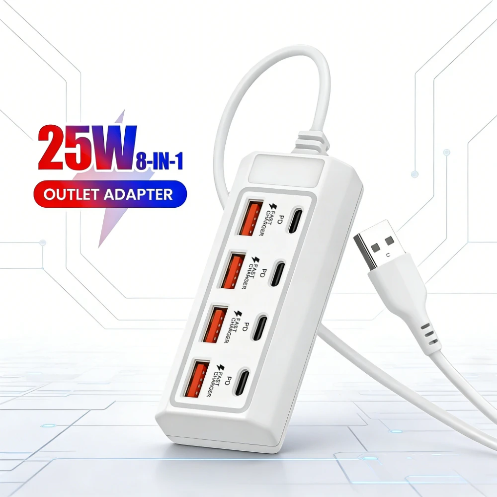 Regleta de alimentación USB 8 en 1 de 25W con múltiples puertos, estación de carga rápida para teléfonos, adaptador de enchufe eléctrico USB C, cargador HUB PD Tipo C