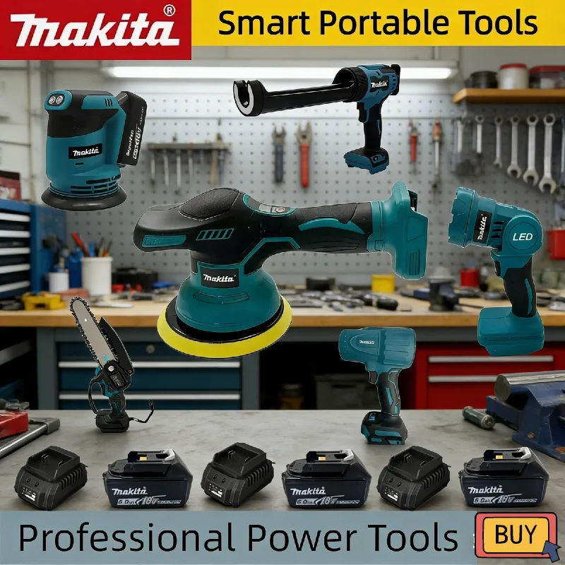 

Различные аккумуляторные электроинструменты Makita: беспроводная полировальная машина, воздуходувка, электрический пистолет для герметика, рабочий фонарь и сабельная пила