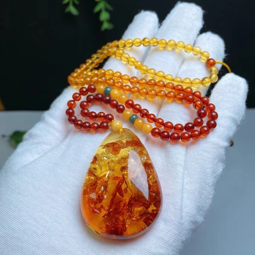 

Natural Yellow Piebald Amber Pendant Red Amber 49-34-16mm Water Drop Necklace Gemstone Pendant Necklace Jewelry AAAAA