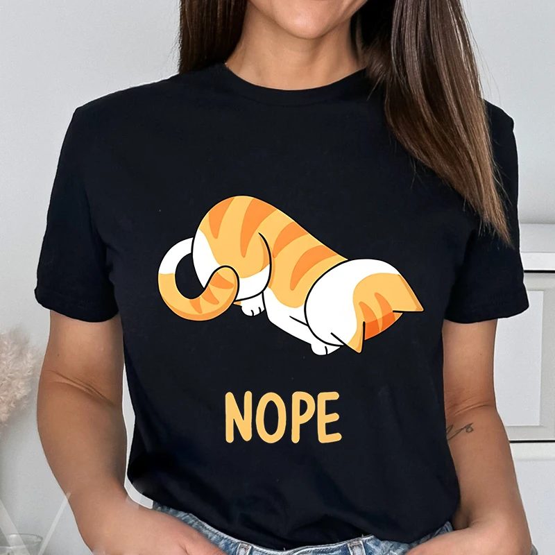 The Little Orange Cat Bows His Head and Refuses Printed T-Shirts Women Funny Cartoons Short Sleeve Soft Summer Female Clothing